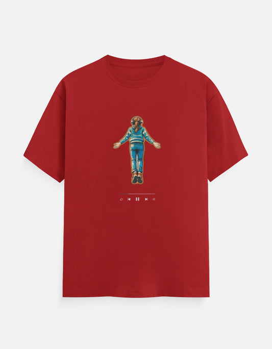 Red graphic t-shirt with Stranger Things inspired Max flying t-shirt