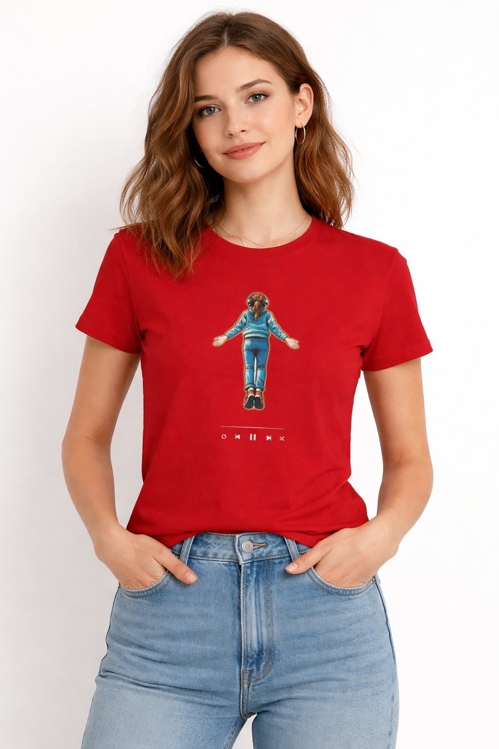 Model wearing red Stranger Things inspired graphic t-shirt with Max flying design