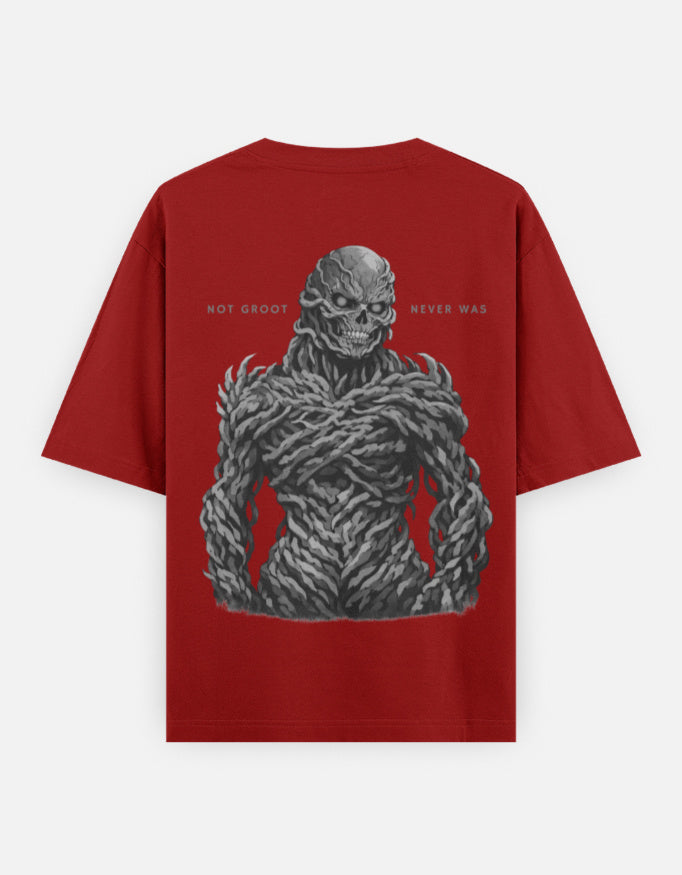 Red graphic t-shirt with Stranger Things inspired vecna design back