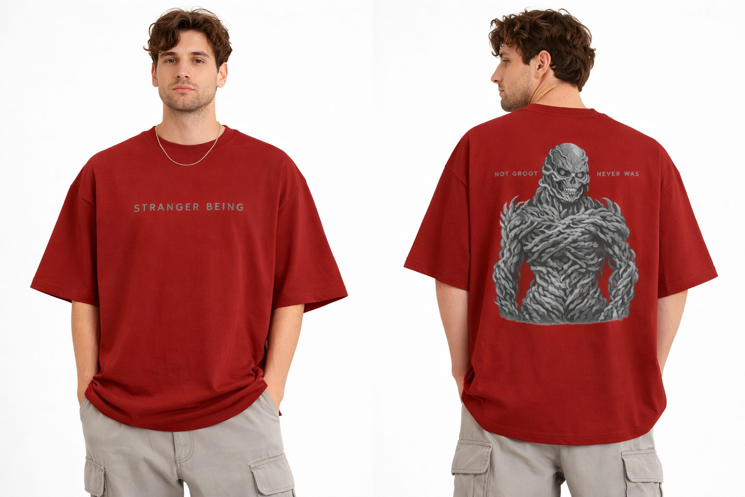 Model wearing red Stranger Things inspired streetwear t-shirt with bold graphic print