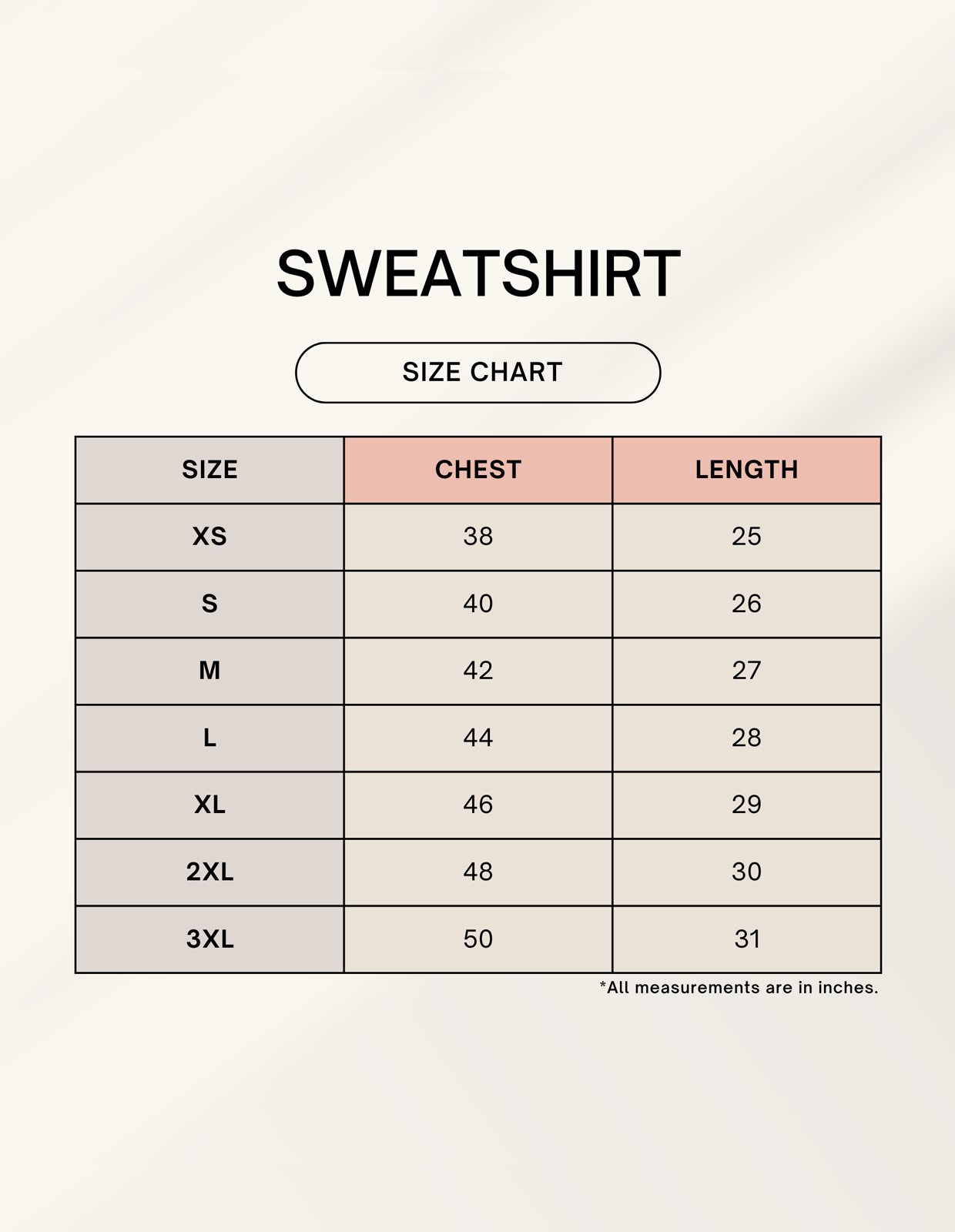 Sweatshirt size chart with chest and length measurements on a white background