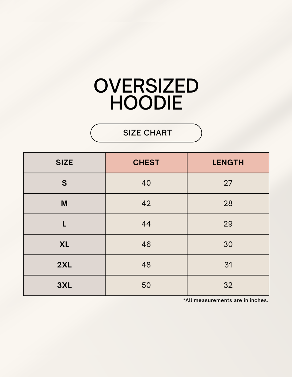 Size chart for oversized hoodie with chest and length measurements.