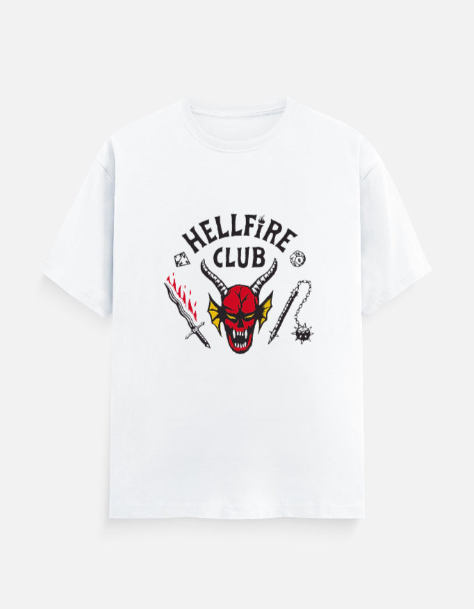 White graphic t-shirt with Stranger Things inspired Hellfire design