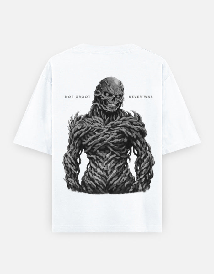 White graphic t-shirt with Stranger Things inspired vecna design back