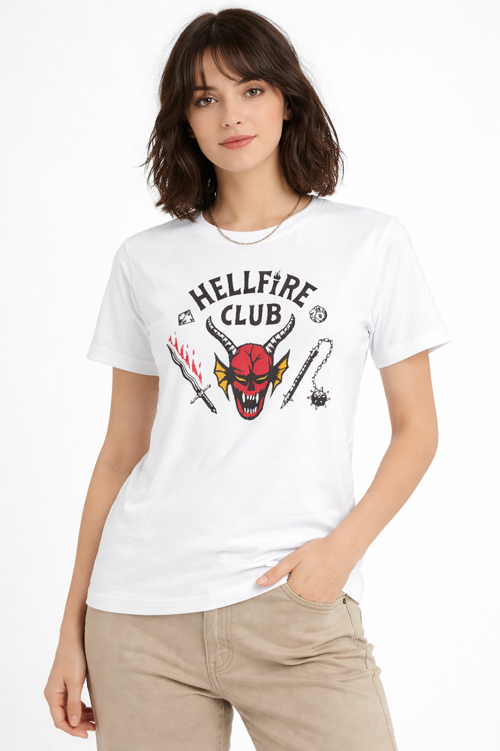 Model wearing white Stranger Things inspired graphic t-shirt with Hellfire design
