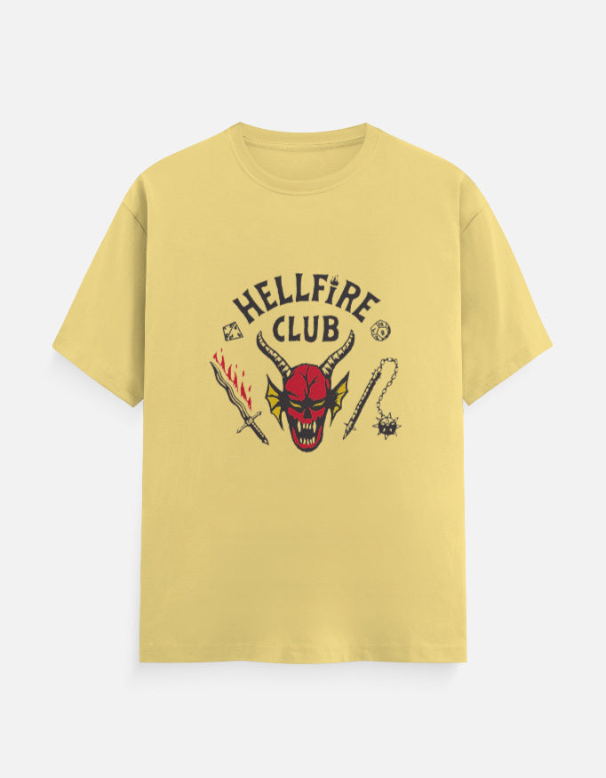 Yellow graphic t-shirt with Stranger Things inspired Hellfire design