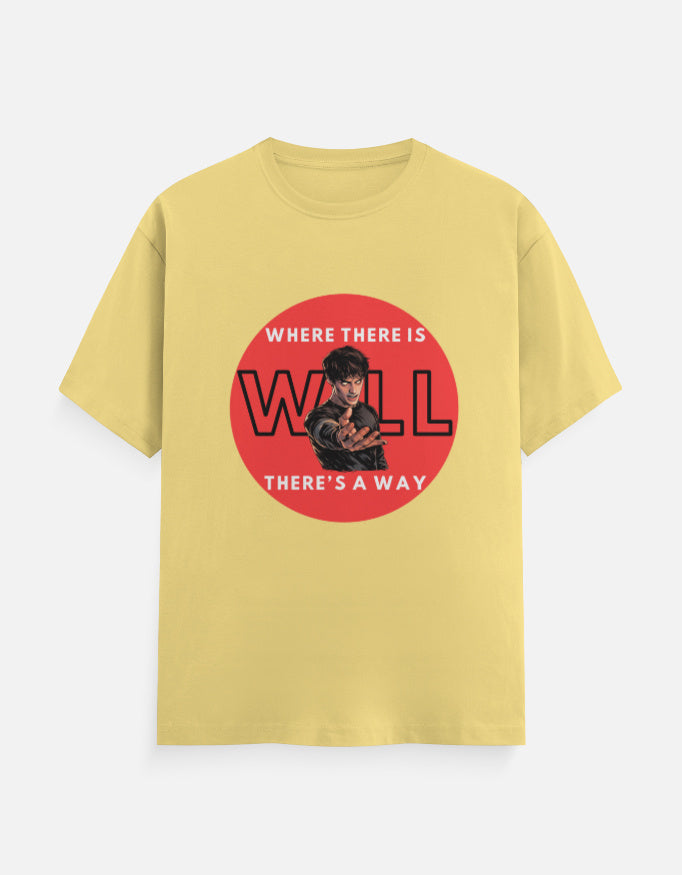 Yellow graphic t-shirt with Stranger Things inspired will power design and red circular artwork