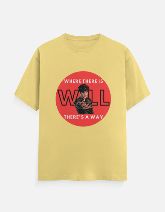 Yellow graphic t-shirt with Stranger Things inspired will power design and red circular artwork