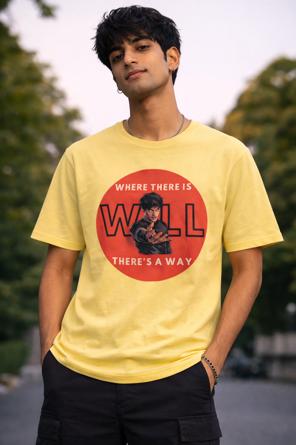 Model wearing yellow Stranger Things inspired graphic t-shirt with bold red will design